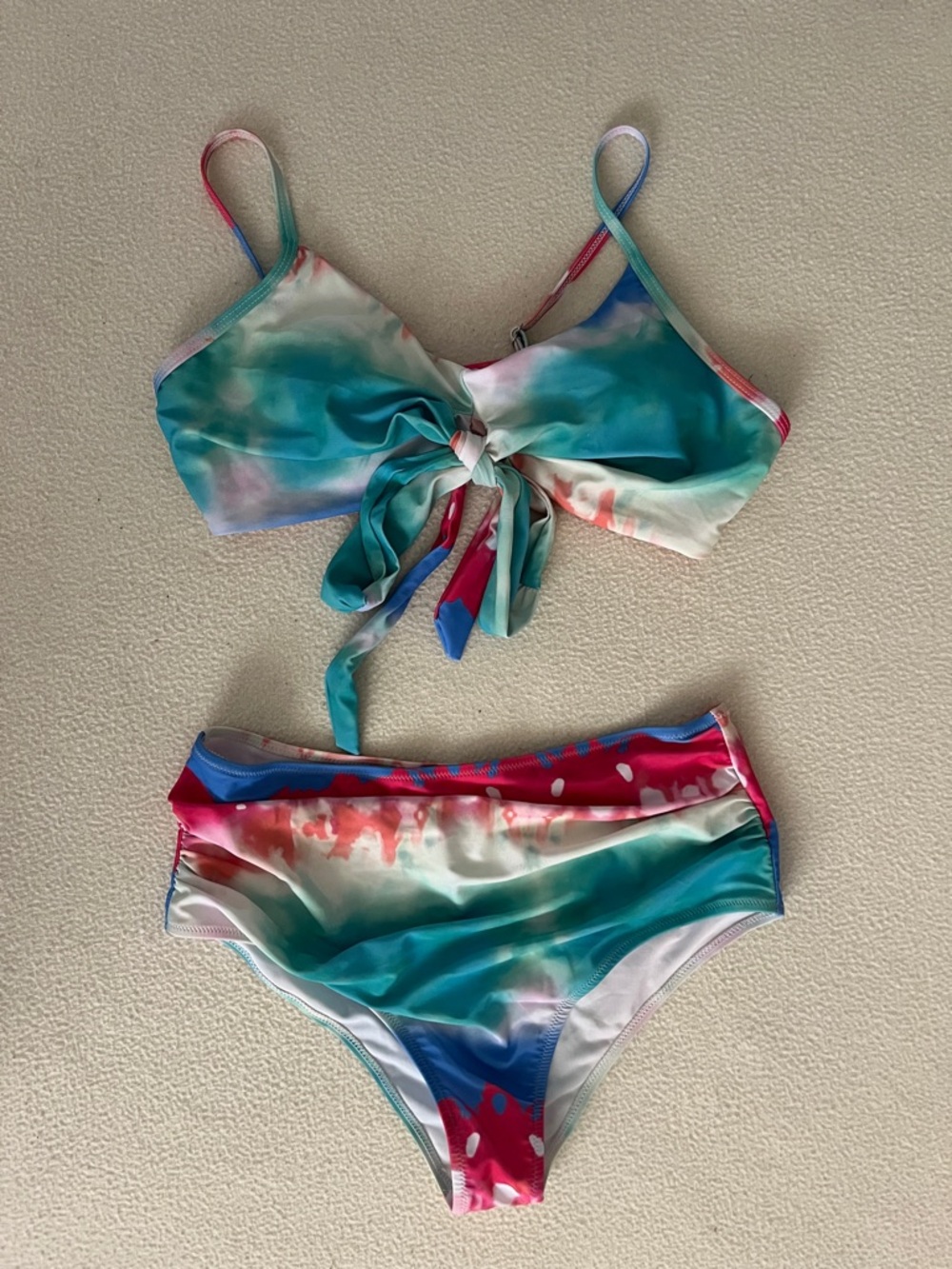Tie-Front Bikini Set in Teal, Pink & White and Blue XL Ruched